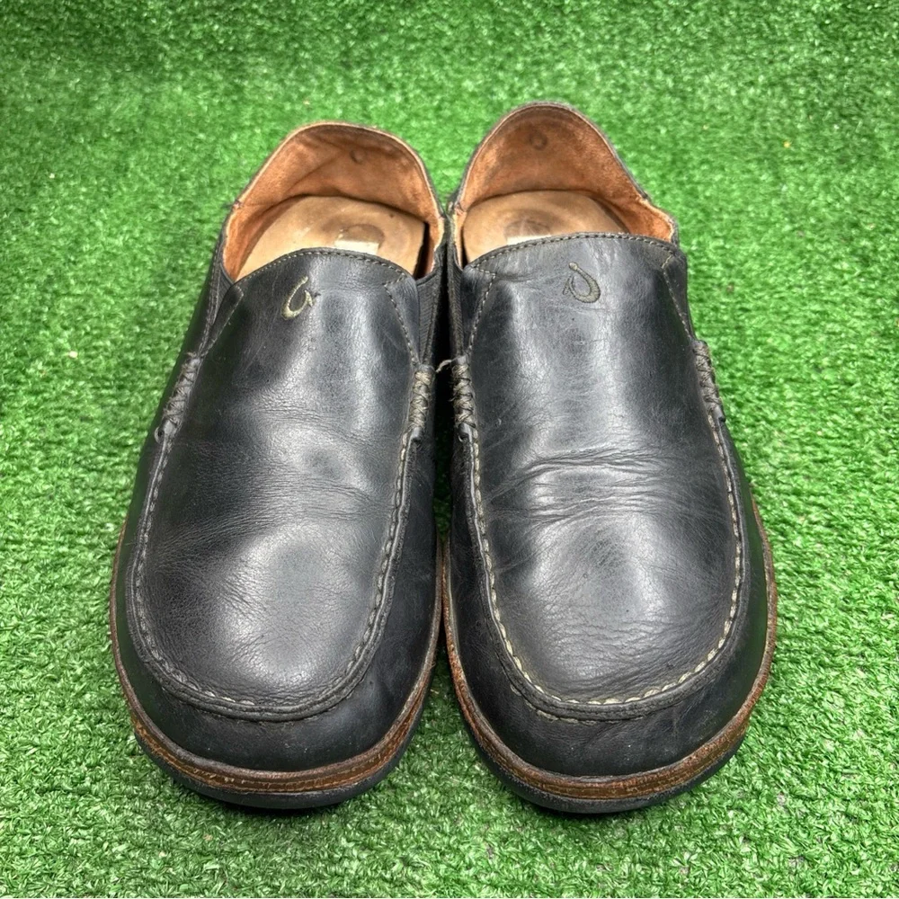OluKai Men's Moloa Black / Toffee Leather Comfort Slip On Shoes Size‎ 10